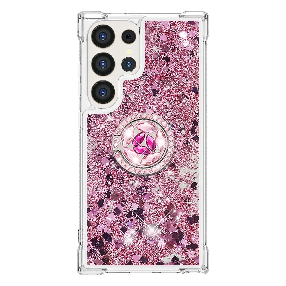 For Samsung Galaxy S24 Ultra TPU Case with Kickstand Quicksand Shockproof Cover - Rose Gold / Hearts - 2