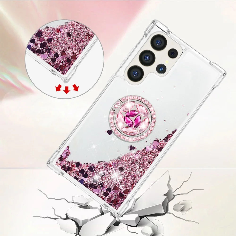 For Samsung Galaxy S24 Ultra TPU Case with Kickstand Quicksand Shockproof Cover - Rose Gold / Hearts - 4