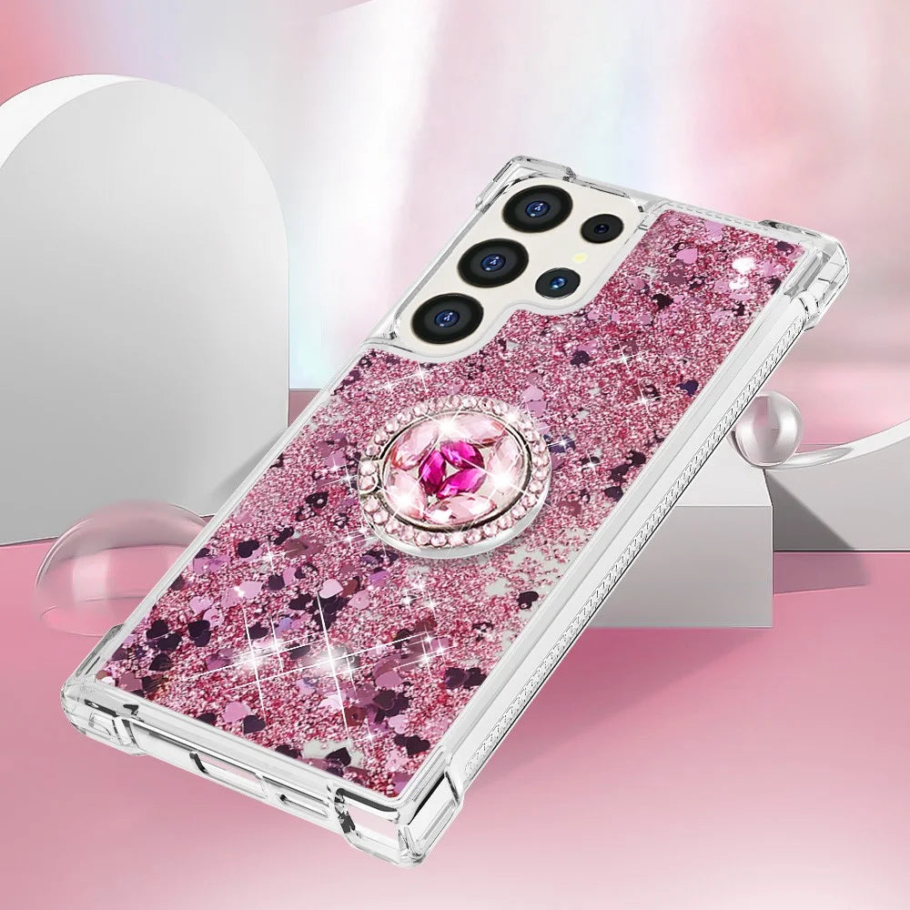 For Samsung Galaxy S24 Ultra TPU Case with Kickstand Quicksand Shockproof Cover - Rose Gold / Hearts - 5