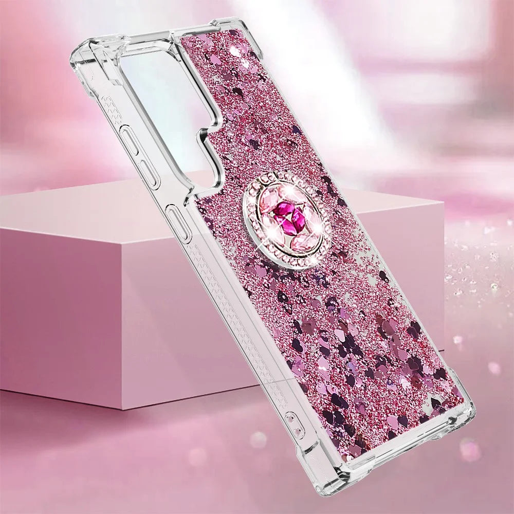 For Samsung Galaxy S24 Ultra TPU Case with Kickstand Quicksand Shockproof Cover - Rose Gold / Hearts - 6