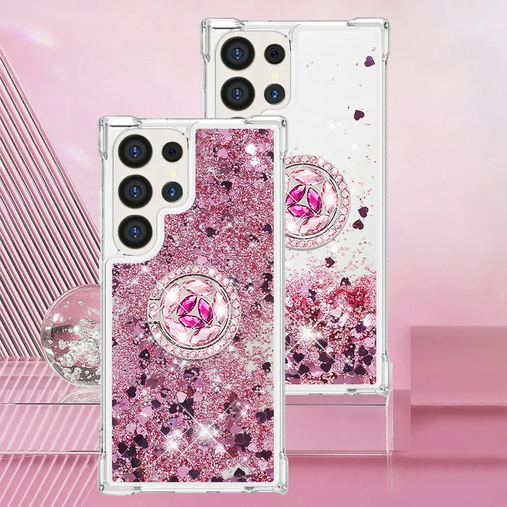 For Samsung Galaxy S24 Ultra TPU Case with Kickstand Quicksand Shockproof Cover - Rose Gold / Hearts - 7