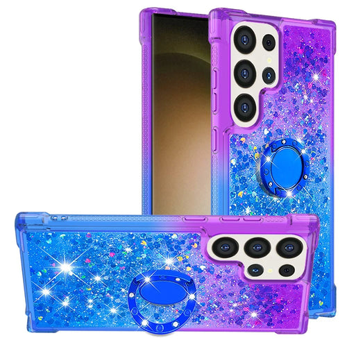 For Samsung Galaxy S24 Ultra TPU Case with Kickstand Gradiant Quicksand Shockproof Cover - Purple+Sky Blue - 1