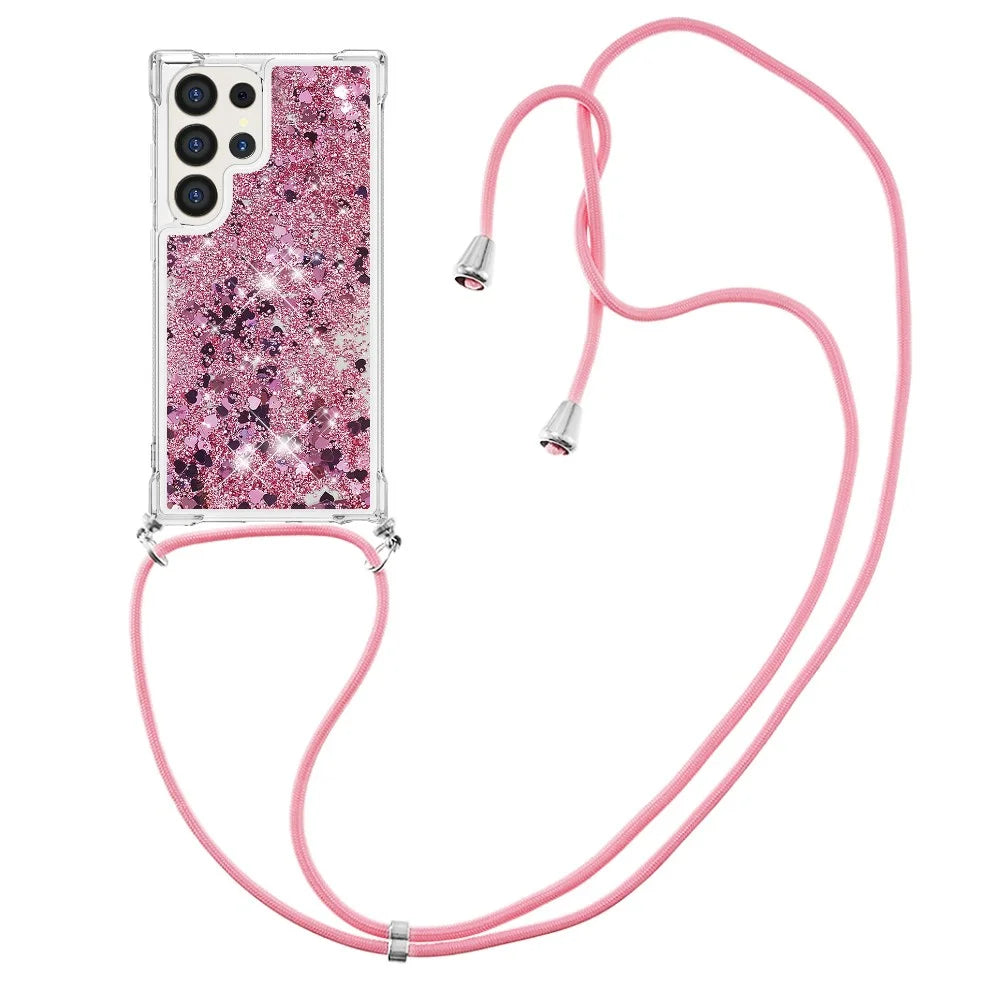For Samsung Galaxy S24 Ultra TPU Case Quicksand Design Phone Cover with Lanyard - Rose Gold / Hearts - 1