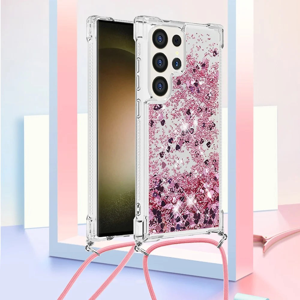 For Samsung Galaxy S24 Ultra TPU Case Quicksand Design Phone Cover with Lanyard - Rose Gold / Hearts - 3