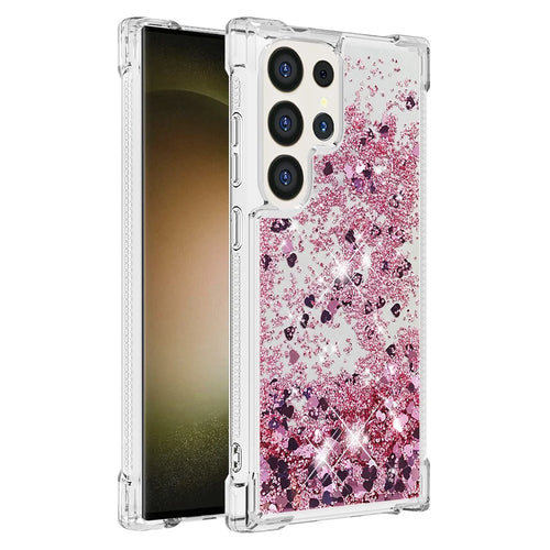For Samsung Galaxy S24 Ultra TPU Case Glitter Quicksand Shockproof Phone Back Cover - Rose Gold / Hearts - 1