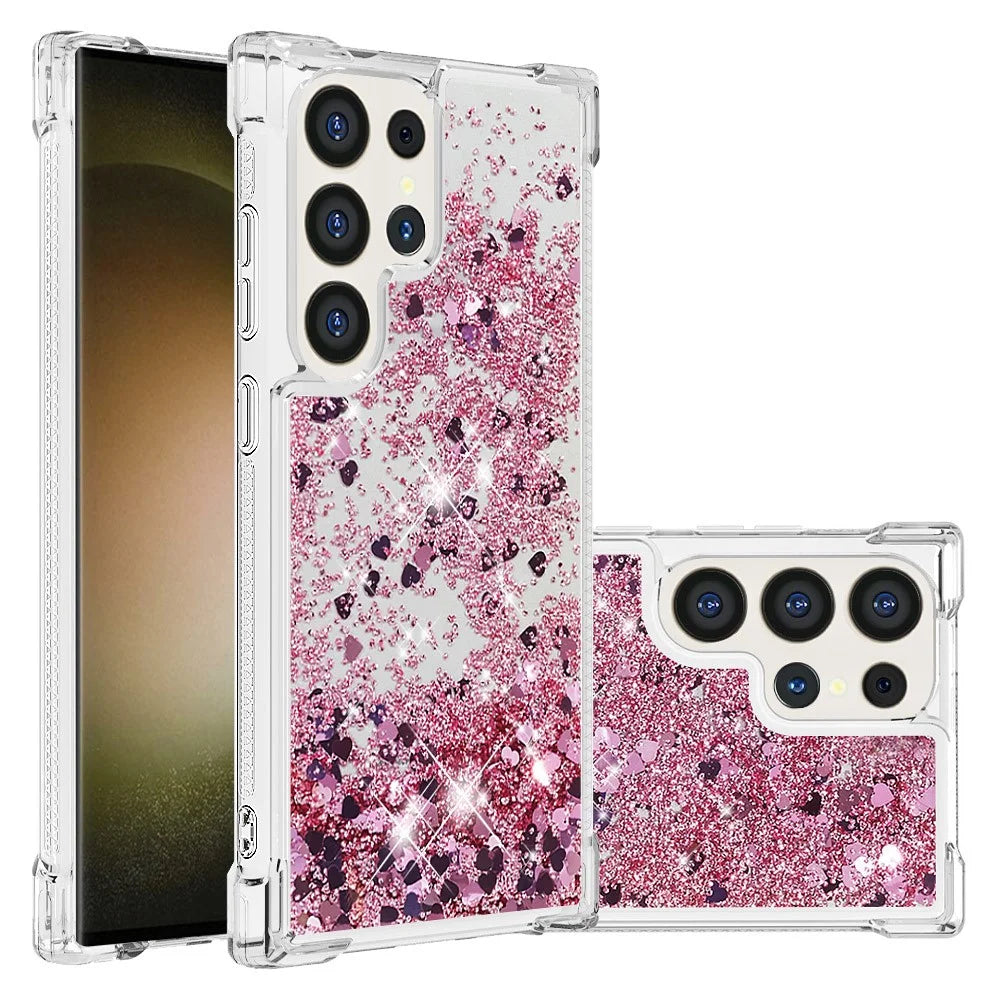 For Samsung Galaxy S24 Ultra TPU Case Glitter Quicksand Shockproof Phone Back Cover - Rose Gold / Hearts - 2