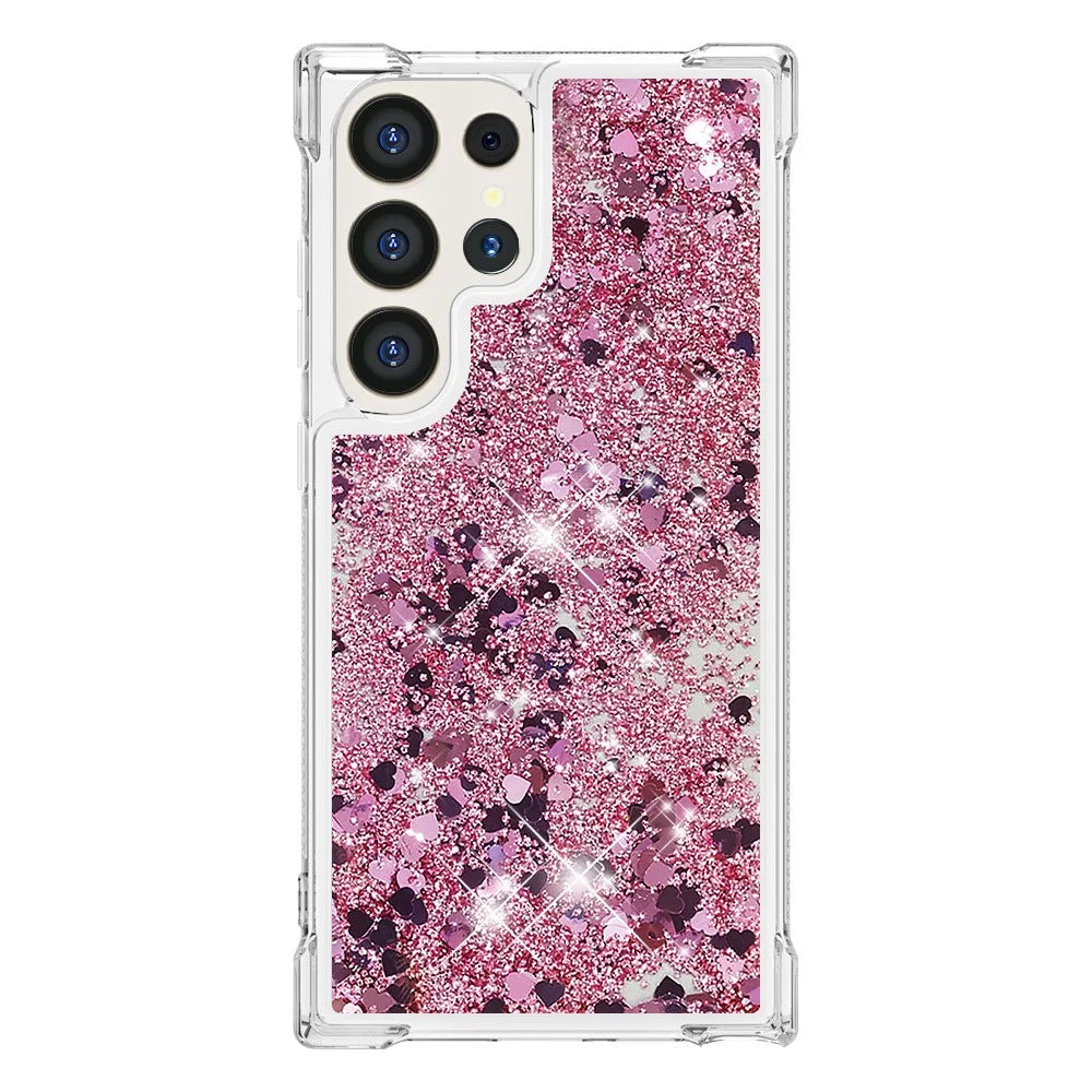 For Samsung Galaxy S24 Ultra TPU Case Glitter Quicksand Shockproof Phone Back Cover - Rose Gold / Hearts - 3