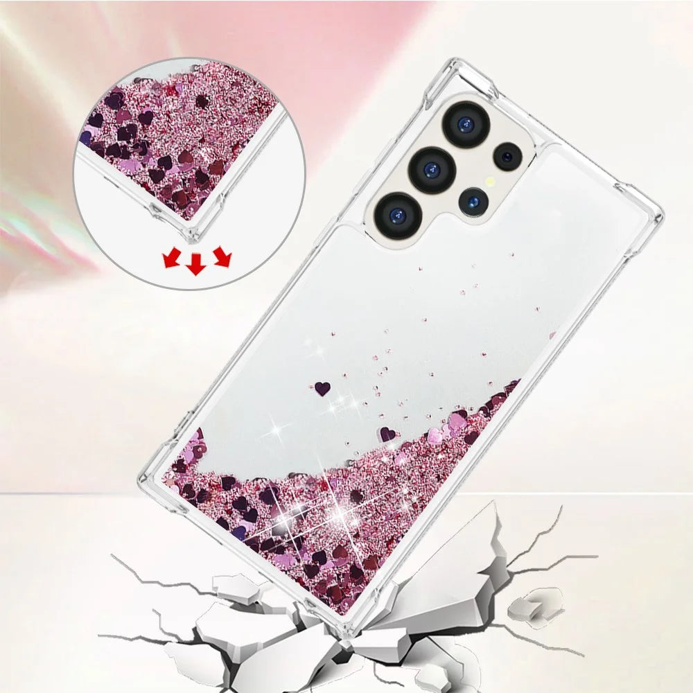 For Samsung Galaxy S24 Ultra TPU Case Glitter Quicksand Shockproof Phone Back Cover - Rose Gold / Hearts - 4