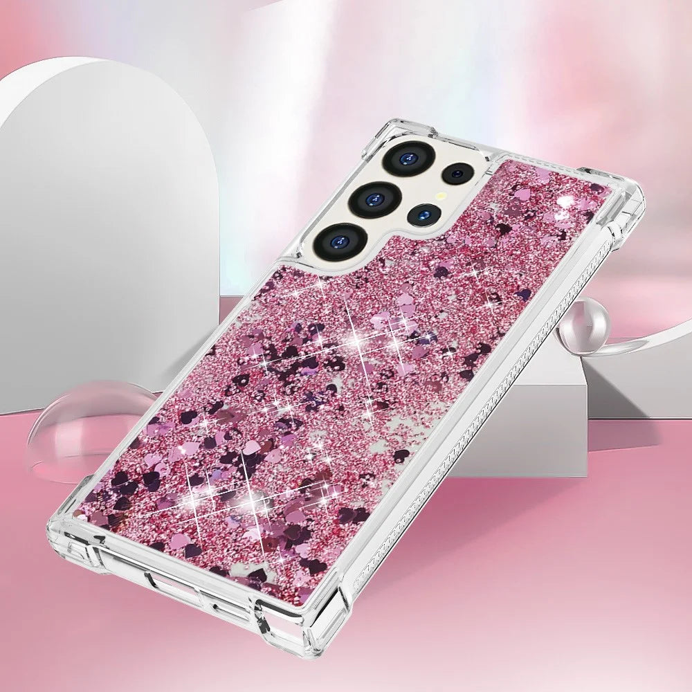 For Samsung Galaxy S24 Ultra TPU Case Glitter Quicksand Shockproof Phone Back Cover - Rose Gold / Hearts - 5