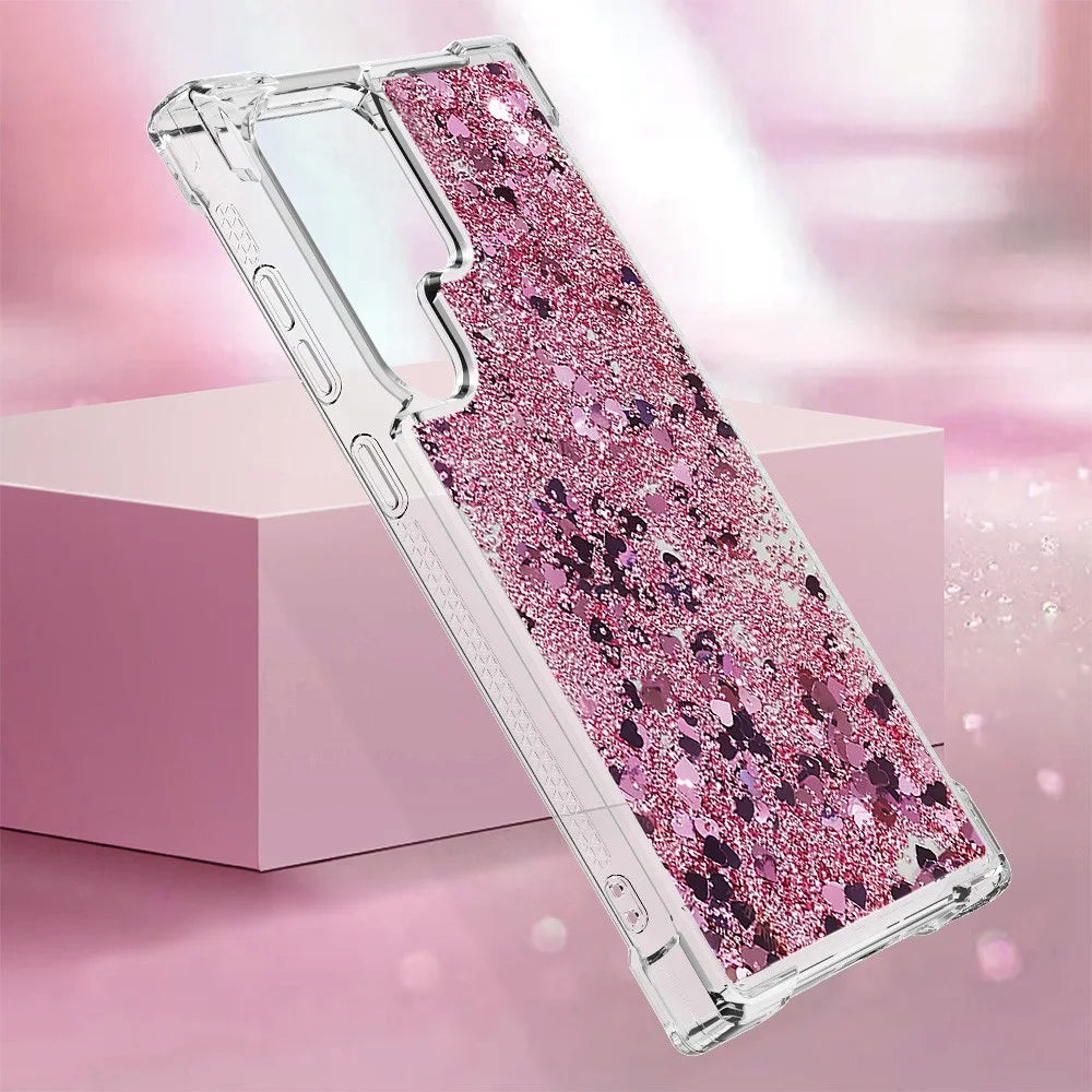 For Samsung Galaxy S24 Ultra TPU Case Glitter Quicksand Shockproof Phone Back Cover - Rose Gold / Hearts - 6