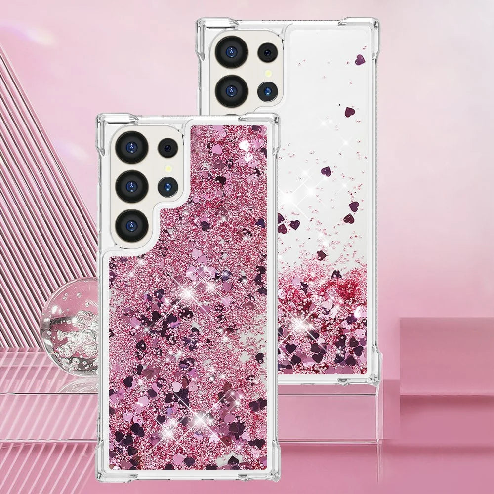 For Samsung Galaxy S24 Ultra TPU Case Glitter Quicksand Shockproof Phone Back Cover - Rose Gold / Hearts - 7