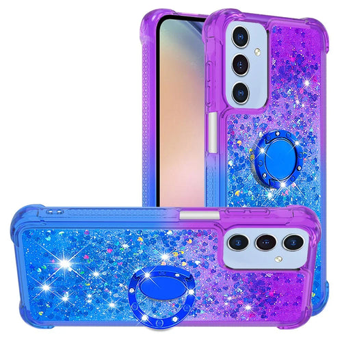 For Samsung Galaxy A15 5G TPU Case with Kickstand Gradiant Quicksand Shockproof Cover - Purple+Sky Blue - 1