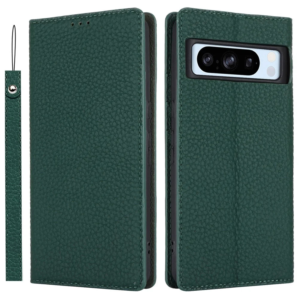 For Google Pixel 8 Pro Case Litchi Texture Genuine Cow Leather Phone Cover Wallet Stand with Strap - Green - 1
