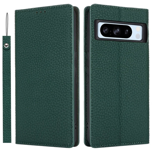 For Google Pixel 8 Pro Case Litchi Texture Genuine Cow Leather Phone Cover Wallet Stand with Strap - Green - 1