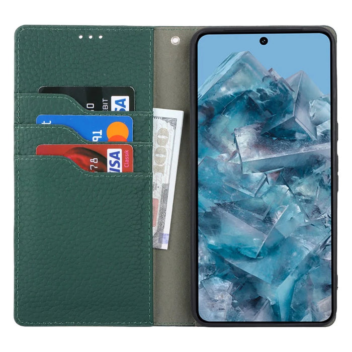 For Google Pixel 8 Pro Case Litchi Texture Genuine Cow Leather Phone Cover Wallet Stand with Strap - Green - 2