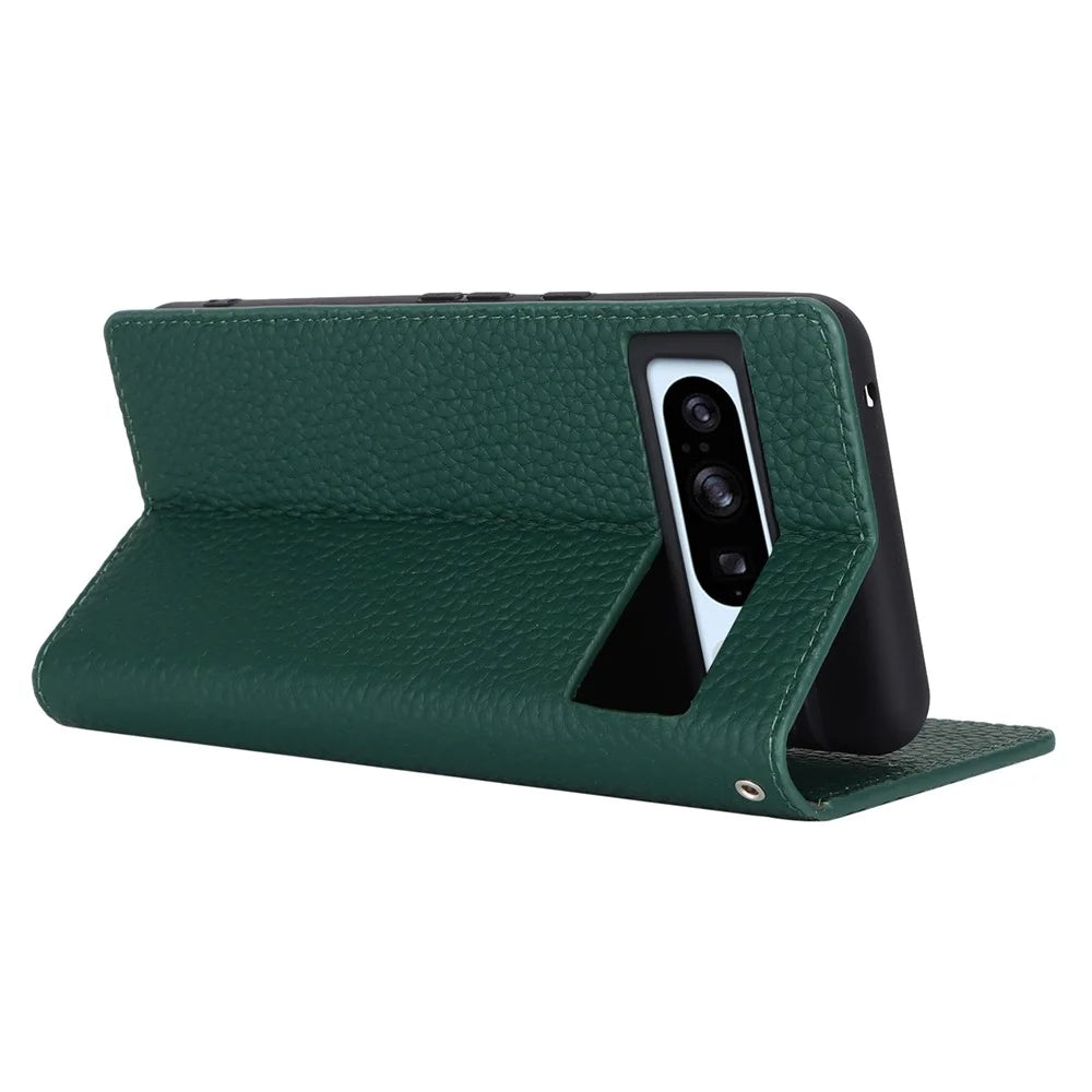 For Google Pixel 8 Pro Case Litchi Texture Genuine Cow Leather Phone Cover Wallet Stand with Strap - Green - 3