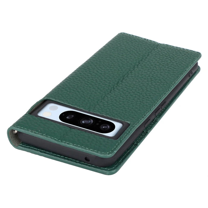 For Google Pixel 8 Pro Case Litchi Texture Genuine Cow Leather Phone Cover Wallet Stand with Strap - Green - 5