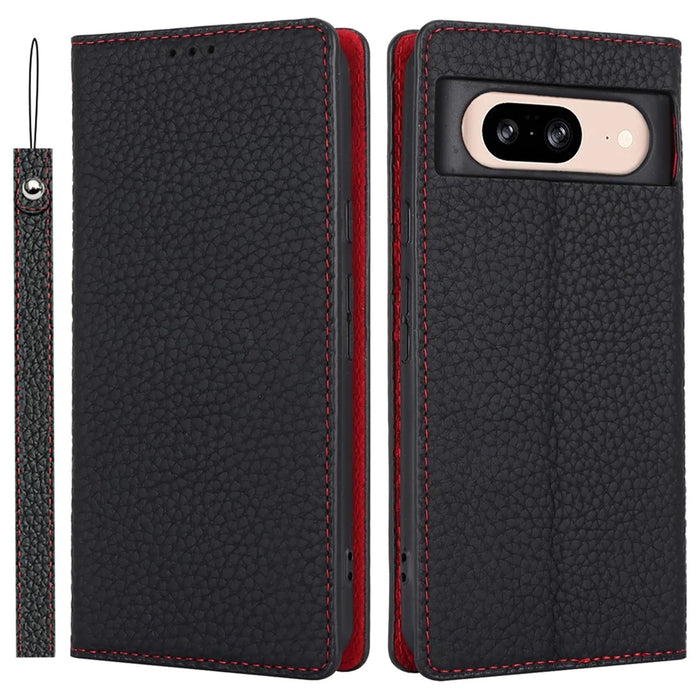 For Google Pixel 8 Case Litchi Texture Anti-scratch Genuine Cow Leather Phone Cover with Strap - Black - 1
