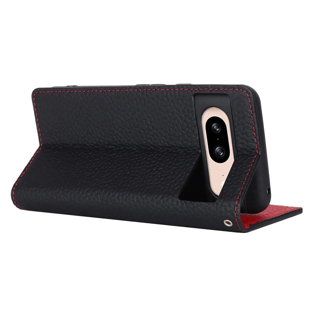 For Google Pixel 8 Case Litchi Texture Anti-scratch Genuine Cow Leather Phone Cover with Strap - Black - 3