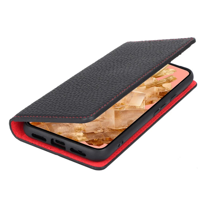 For Google Pixel 8 Case Litchi Texture Anti-scratch Genuine Cow Leather Phone Cover with Strap - Black - 6
