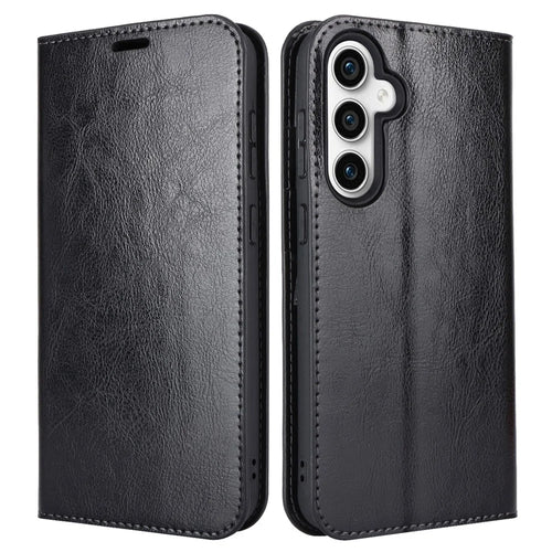 For Samsung Galaxy S23 FE Case Crazy Horse Texture Genuine Split Leather Phone Cover with Stand and Wallet - Black - 1