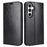 For Samsung Galaxy S23 FE Case Crazy Horse Texture Genuine Split Leather Phone Cover with Stand and Wallet - Black - 1