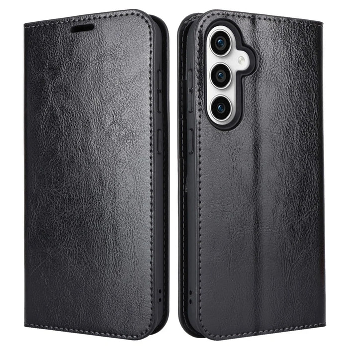 For Samsung Galaxy S23 FE Case Crazy Horse Texture Genuine Split Leather Phone Cover with Stand and Wallet - Black - 1