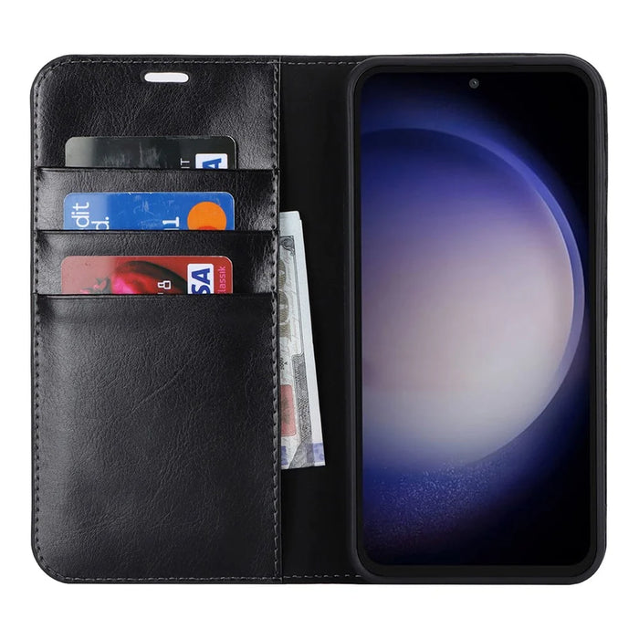 For Samsung Galaxy S23 FE Case Crazy Horse Texture Genuine Split Leather Phone Cover with Stand and Wallet - Black - 2