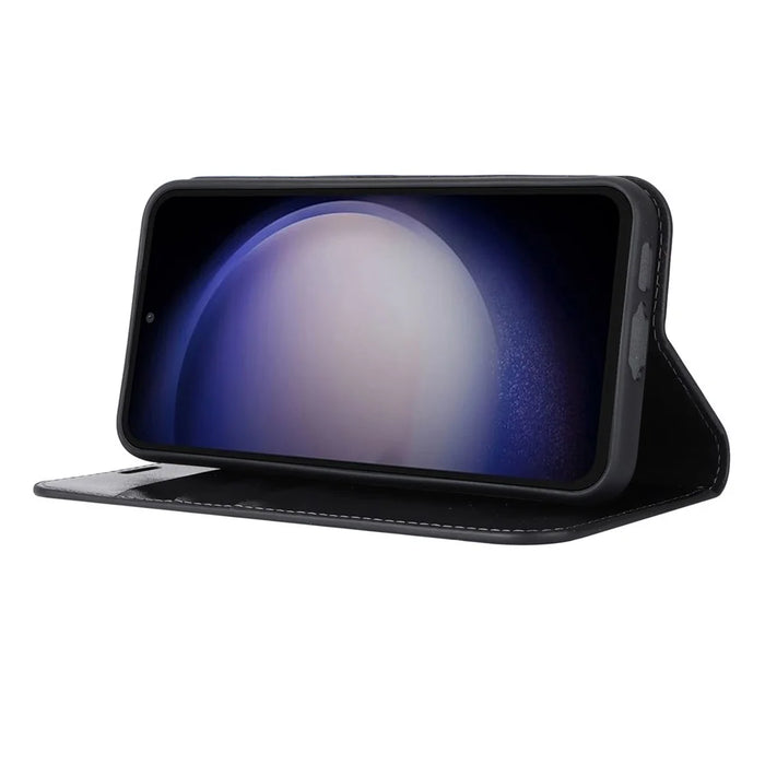 For Samsung Galaxy S23 FE Case Crazy Horse Texture Genuine Split Leather Phone Cover with Stand and Wallet - Black - 3