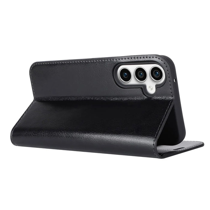 For Samsung Galaxy S23 FE Case Crazy Horse Texture Genuine Split Leather Phone Cover with Stand and Wallet - Black - 4