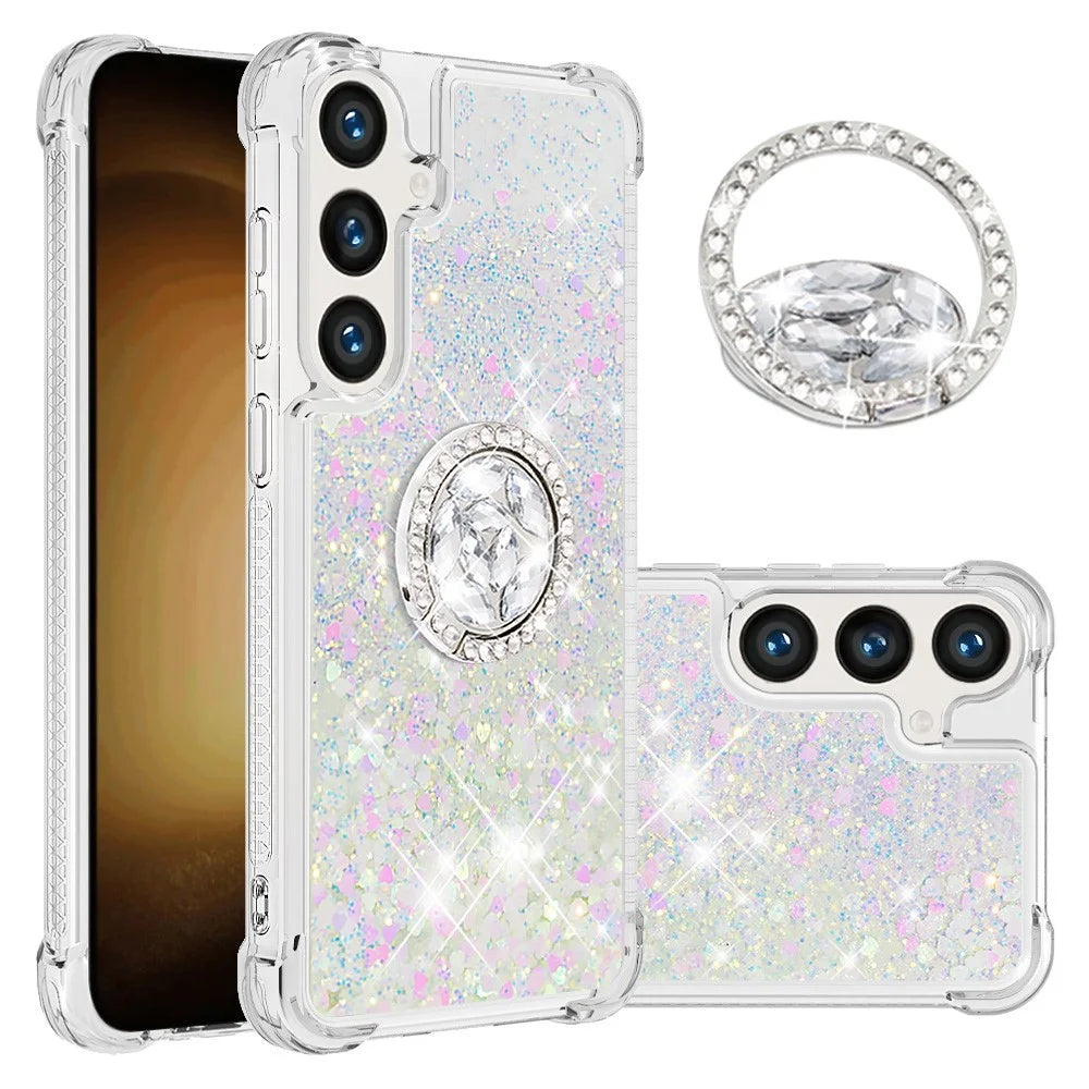 For Samsung Galaxy S24+ TPU Case with Kickstand Quicksand Shockproof Cover - Laser / Hearts - 1