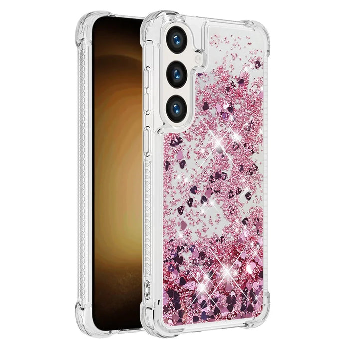 For Samsung Galaxy S24+ TPU Case Glitter Quicksand Shockproof Phone Back Cover - Rose Gold / Hearts - 1