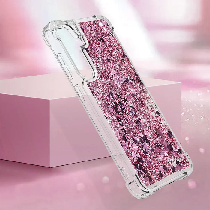 For Samsung Galaxy S24+ TPU Case Glitter Quicksand Shockproof Phone Back Cover - Rose Gold / Hearts - 6