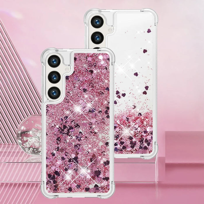 For Samsung Galaxy S24+ TPU Case Glitter Quicksand Shockproof Phone Back Cover - Rose Gold / Hearts - 7