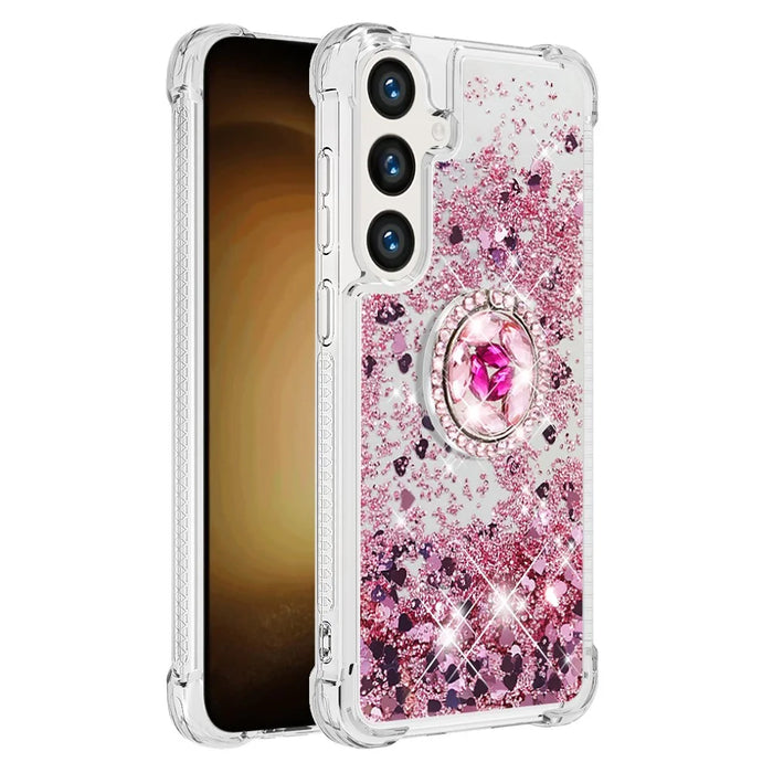 For Samsung Galaxy S24 TPU Case with Kickstand Quicksand Shockproof Cover - Rose Gold / Hearts - 3