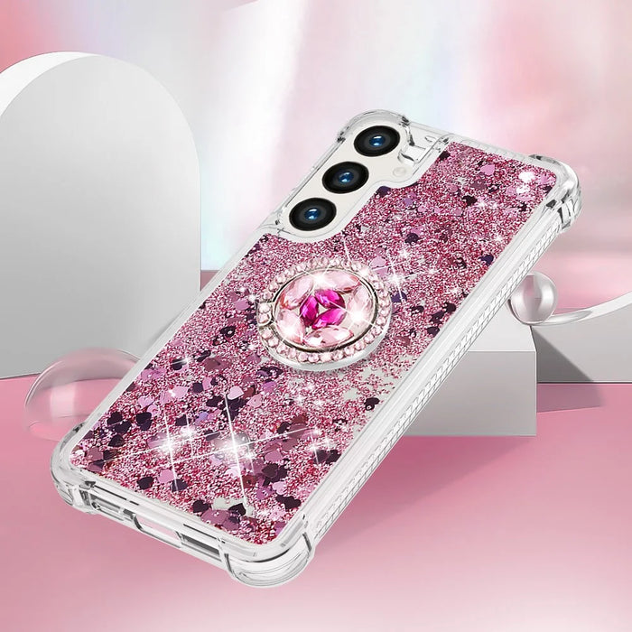For Samsung Galaxy S24 TPU Case with Kickstand Quicksand Shockproof Cover - Rose Gold / Hearts - 5