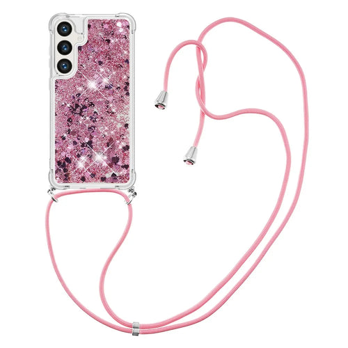 For Samsung Galaxy S24 TPU Case Quicksand Design Phone Cover with Lanyard - Rose Gold / Hearts - 1
