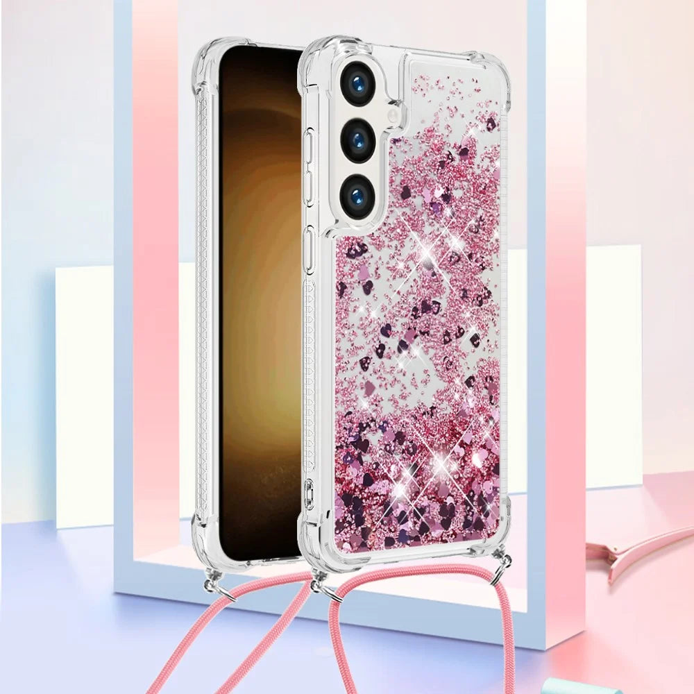 For Samsung Galaxy S24 TPU Case Quicksand Design Phone Cover with Lanyard - Rose Gold / Hearts - 3