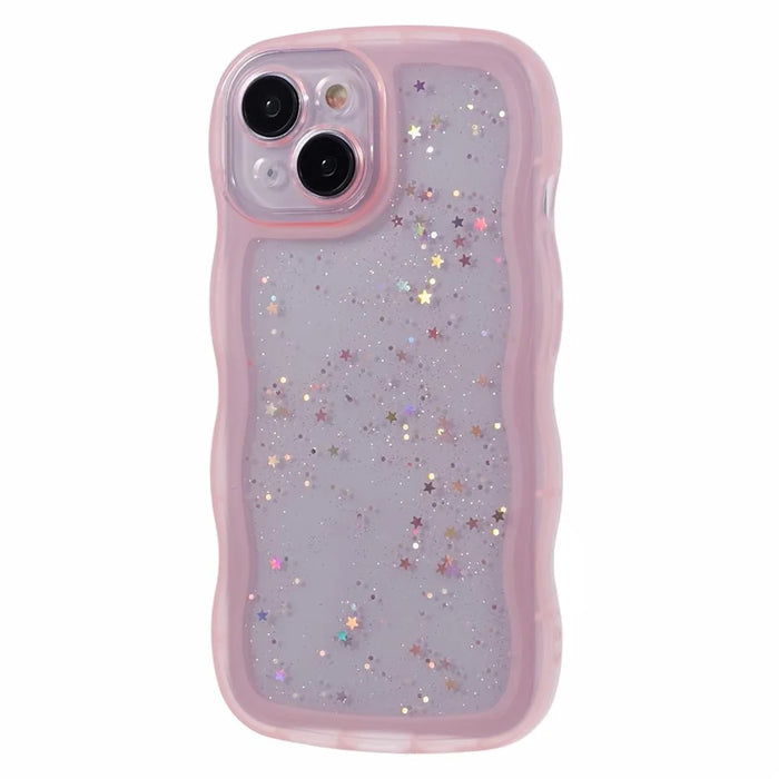 JTW Series for iPhone 14 Case Wavy Frame Glitter Stars Epoxy Phone Cover - Pink - 1