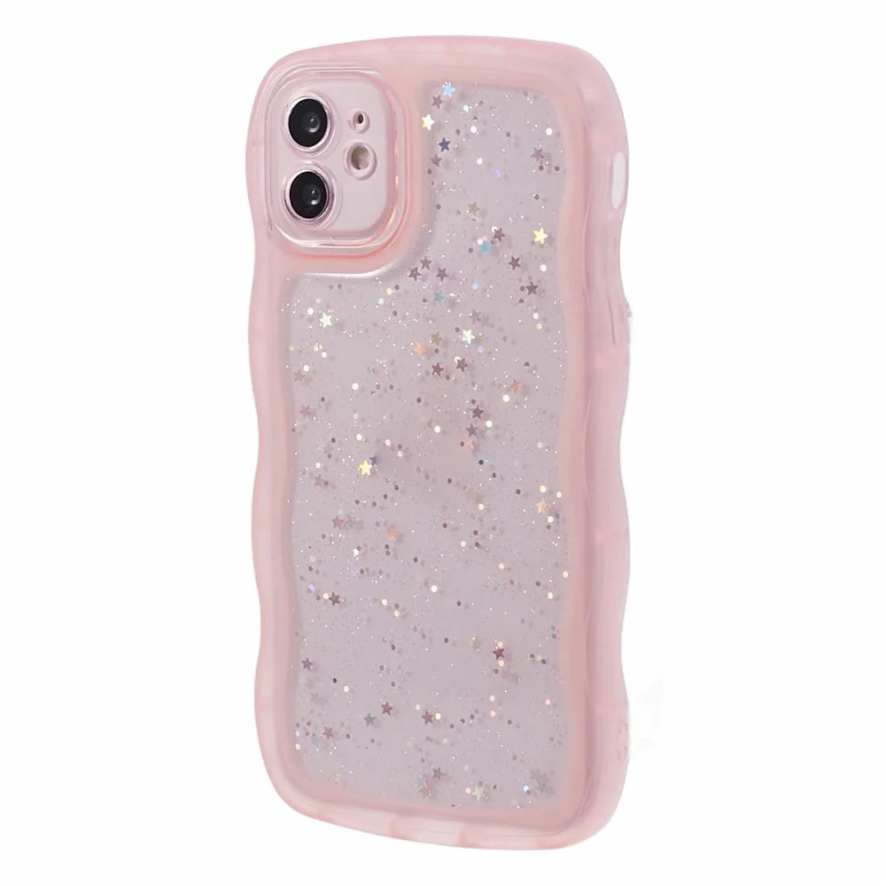 JTW Series for iPhone 12 Case Wavy Edge Star Sequins Epoxy Phone Cover - Pink - 1