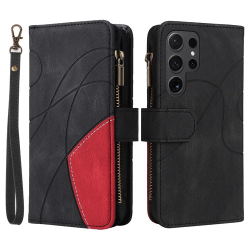 For Samsung Galaxy S24 Ultra Leather Case with Strap Zipper 9 Card Slot Phone Cover Stand - Black - 1