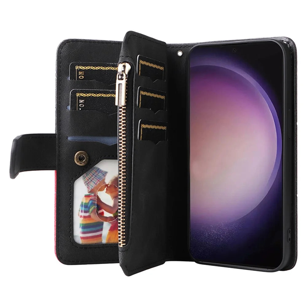For Samsung Galaxy S24 Ultra Leather Case with Strap Zipper 9 Card Slot Phone Cover Stand - Black - 2