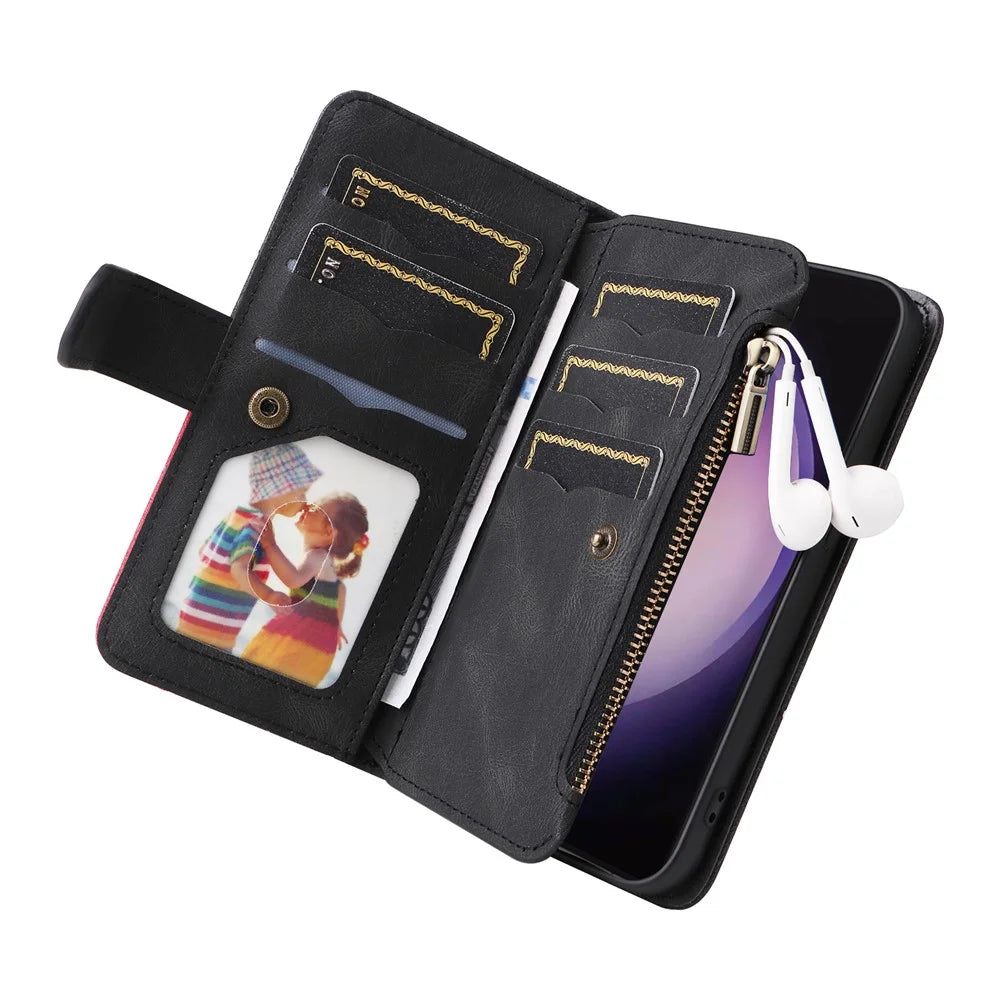 For Samsung Galaxy S24 Ultra Leather Case with Strap Zipper 9 Card Slot Phone Cover Stand - Black - 5