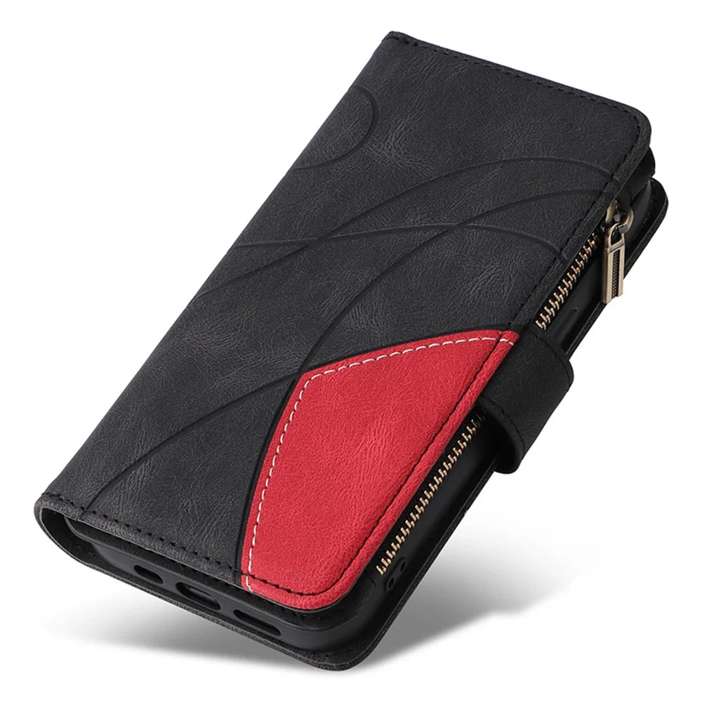 For Samsung Galaxy S24 Ultra Leather Case with Strap Zipper 9 Card Slot Phone Cover Stand - Black - 7