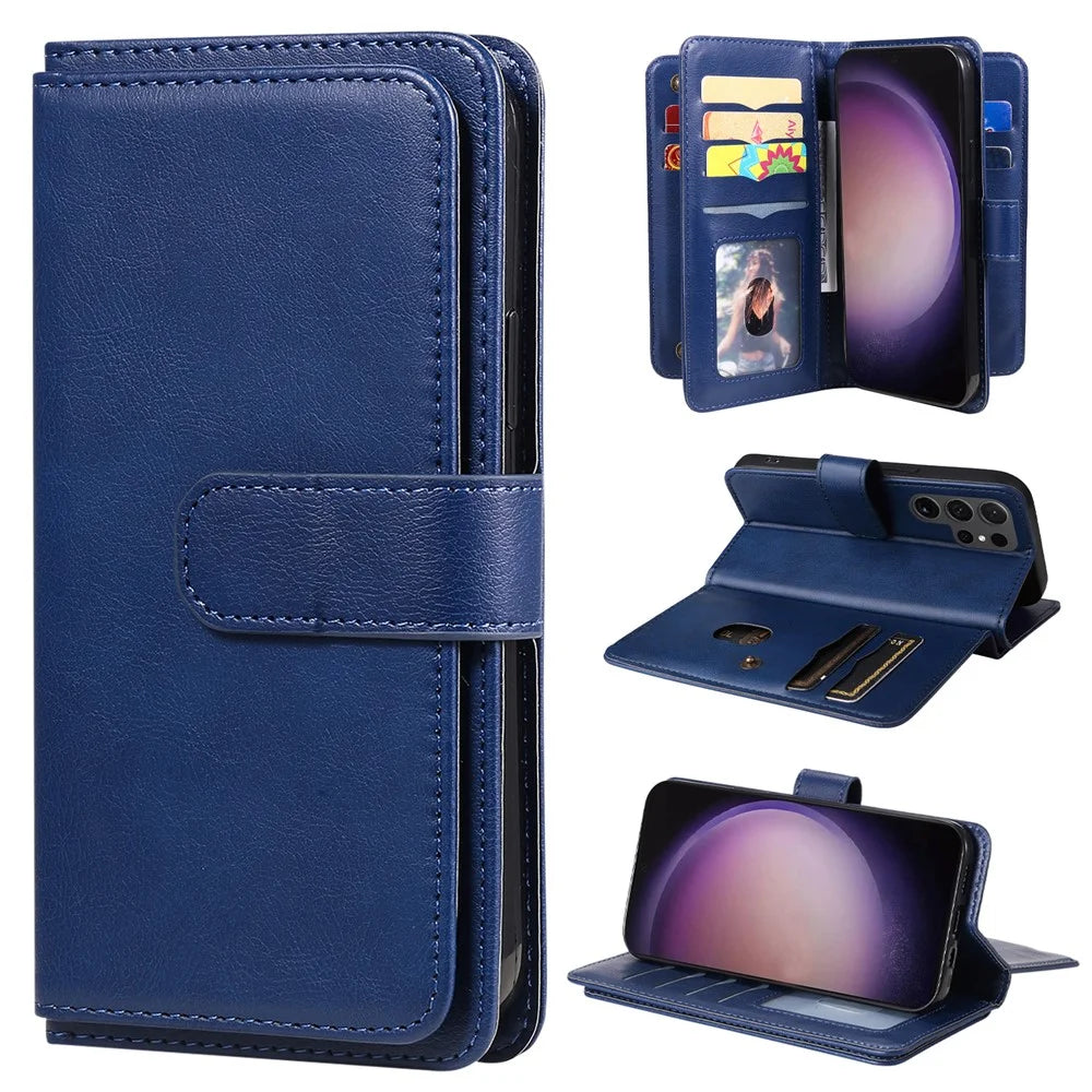 For Samsung Galaxy S24 Ultra Leather Case with 10 Card Holder Phone Cover Stand - Blue - 1