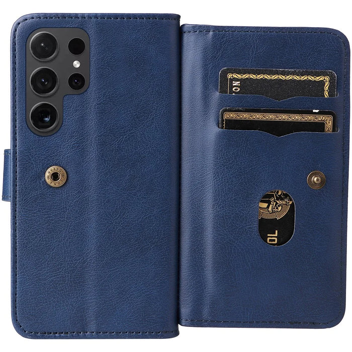 For Samsung Galaxy S24 Ultra Leather Case with 10 Card Holder Phone Cover Stand - Blue - 4