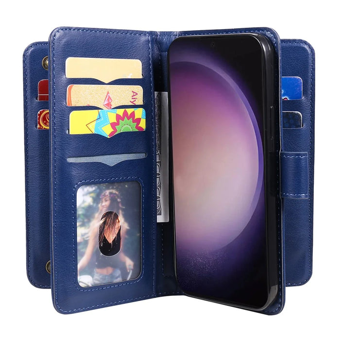 For Samsung Galaxy S24 Ultra Leather Case with 10 Card Holder Phone Cover Stand - Blue - 5