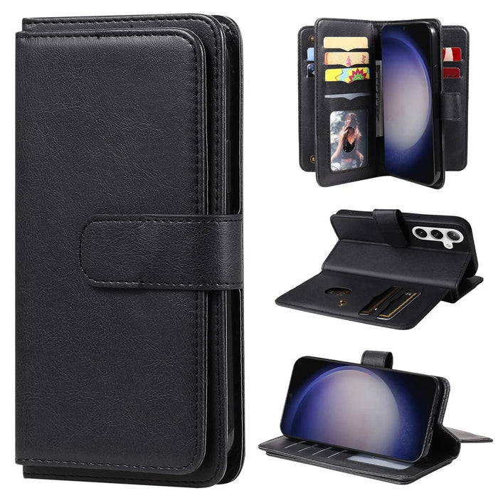 For Samsung Galaxy S25+ / S24+ Leather Case with 10 Card Holder Phone Cover Stand - Black - 1