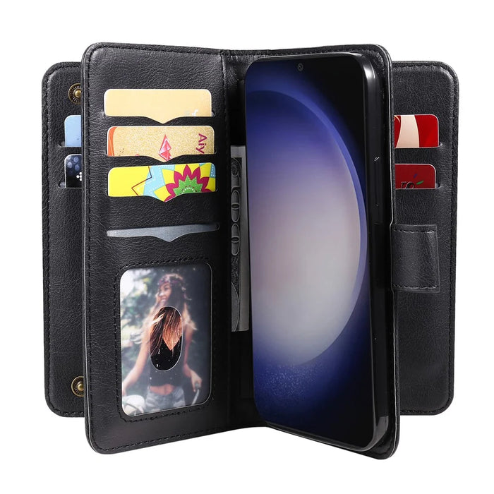 For Samsung Galaxy S25+ / S24+ Leather Case with 10 Card Holder Phone Cover Stand - Black - 6