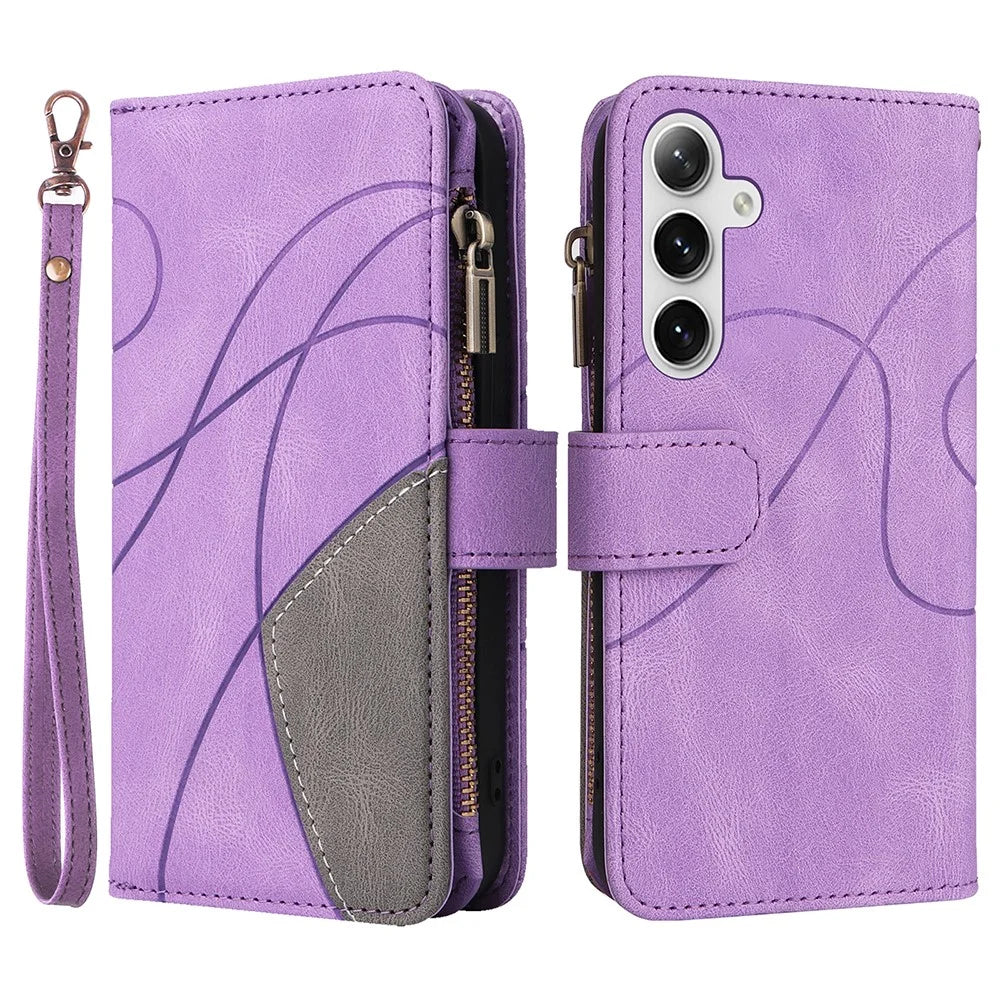 For Samsung Galaxy S25 / S24 Leather Case with Strap Zipper 9 Card Slot Phone Cover Stand - Light Purple - 1
